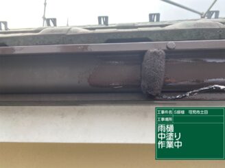 雨樋中塗り施工中